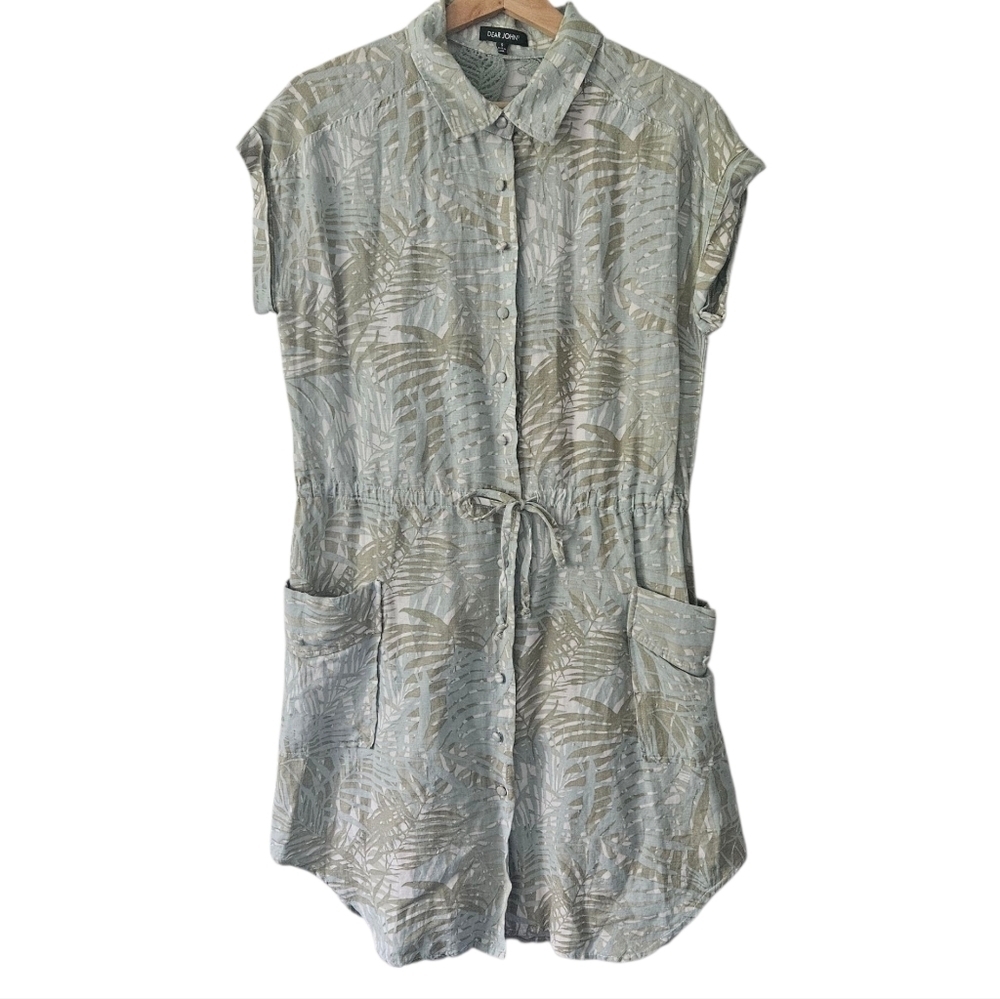 Dear John Tropical Green Linen Blend Tie Waist Dress Size S